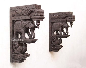 Wooden Elephant Wall Brackets Set of 2 | Hand-Carved Corbels with Brass Bells traditional unique design handmade bracket home decor