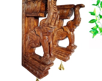 Set di 2 mensole da parete in legno a forma di elefante | Mensole intagliate a mano con campanelli in ottone, design tradizionale unico, mensole fatte a mano, decorazione per la casa