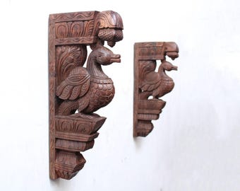 Staffa da parete in legno, statua di uccello, scultura di coppia di cigni, mensola a mensola in stile vintage, mensola architettonica indiana, soggiorno, parete d'ingresso, decorazione per la casa, arte