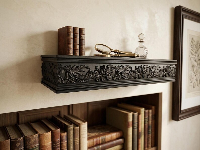May include: A dark, intricately carved shelf displaying books, a magnifying glass, and a small glass bottle. The shelf, with its detailed floral and face motifs, is mounted on a wall above a bookcase filled with books.