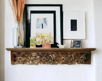 wall shelf hand carved Handmade solid teakwood hand carved home decor wall hanging shelf Gift Unique Home traditional design Beautiful