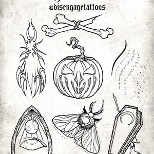 Könnte beinhalten: Schwarz-Weiß-Illustration mit dem Titel "Gothwork Set", die verschiedene Gothic-Motive zeigt. Das Set umfasst gekreuzte Knochen, einen Kürbis, eine Motte, einen Sarg und eine Planchette. Der Name des Künstlers, @disengagetattoos, ist ebenfalls enthalten.