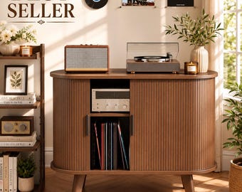 Mid Century Modern Record Player Stand with Sliding Door, Walnut Vinyl Storage Cabinet, Fluted Media Console, Audio Shelf Organizer