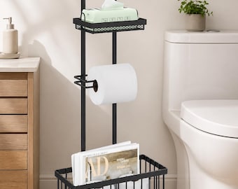 Modern Freestanding Toilet Paper Holder with Storage Shelf, Minimalist Bathroom Tissue Organiser Rack with Basket for Phone | Space Saving