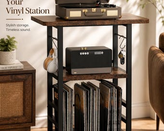 Solid Wood Vinyl Record Player Stand – Rustic LP Storage Cabinet, Turntable Organizer