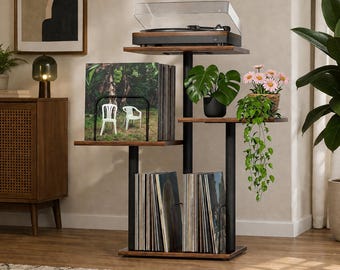Vintage Record Player Stand with Vinyl Storage | Mid Century Turntable Cabinet | Wooden Music Organizer Shelf for Living Room