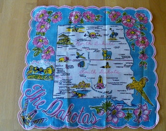 Vintage Souvenir Hankie &quot;THE DAKOTAS&quot; North & South DAKOTA State Hankie Excellent Condition Mid Century Kitsch Christmas Gift One  of a Kind