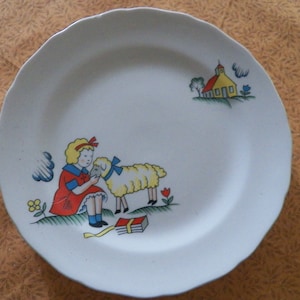 4 NURSERY RHYME PLATES Mary Had a Little Lamb 6&quot; Dessert Plates Charming Children&#39;s Antique Plates Rare Find
