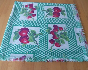 Mid Century COTTON TEACLOTH TABLECLOTH 34" square Vibrant Apples/Strawberries Print 1950's Style