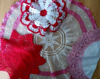 4 Gorgeous Vintage 1950 Hand Crocheted Doilies Pink Red White Cream Mid Century Elaborate Stitchery Excellent Condition Instant Collection