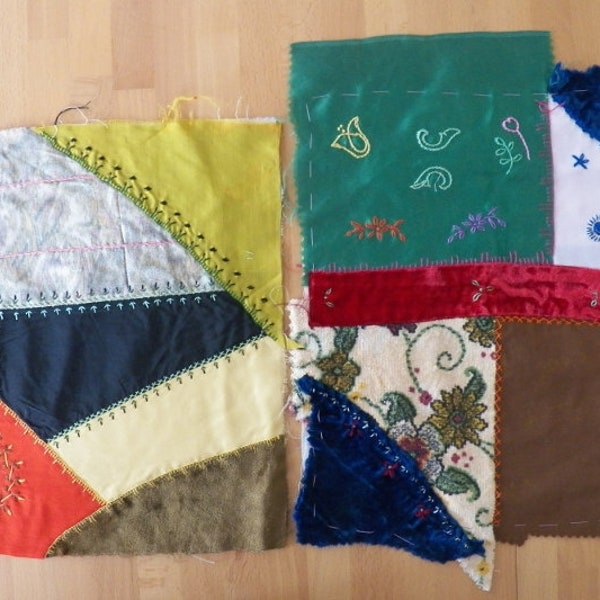 2 Antique 1890's CRAZY QUILT Blocks Velvet and Satin Fabrics with Elegant Hand Stitched Embroidery OOAK Pair Repurpose Sewing Quilting Craft