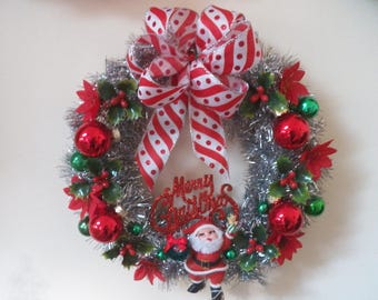 Corona navideña vintage de Papá Noel, adornos de mediados de siglo, decoración navideña hecha a mano de 30 cm.