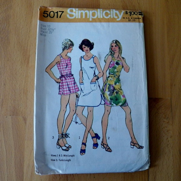 Vintage 1972 SIMPLICITY SEWING PATTERN Mini-dress, Top and Shorts Size 10 Great Condition Pattern and Instructions Included 1970's fashions