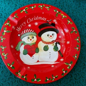 Vintage kerstblikken asbak jaren 80 - Sneeuwpoppaar vakantiedecoratie