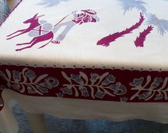 Vintage Mid Century LINEN TABLECLOTH MEXICAN Motif Flamenco Dancers Burro Sombreros Bullfight Excellent Condition Appears Unused 74&quot; x 60&quot;