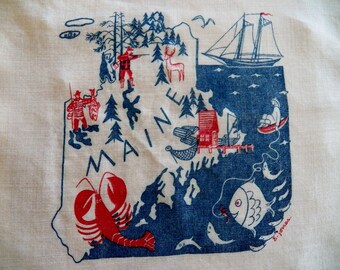RARE Vintage STATE of MAINE Hankie with Fabulous Graphics Signed by Designer E. Jones