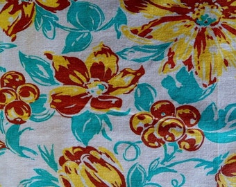 Mid Century FEEDSACK Cotton Fringed Tablecloth 46&quot; x 36&quot; UNUSED Excellent Condition Turquoise, Gold, and Brown Floral Retro 1950&#39;s Decor