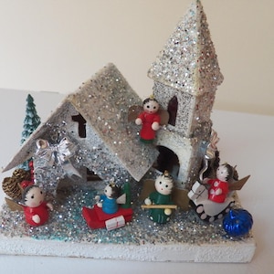 HandMade GLITTERED PUTZ HOUSE &quot;Shimmering Silver Church&quot; Upcycled Authentic Cardboard Putz house w/ Wooden Angels and Vintage Embellishments