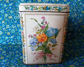 Vintage 1970 FLORAL CANDY TIN Hallmark Company Perfect for Candy, Pet Treats, Tea, or Craft Storage Collectible 5" tall 3.5" w. Floral Motif