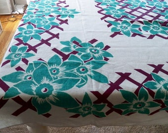 Vintage Mid Century Modern Linen Tablecloth Vibrant Colors Excellent Condition Floral Lattice Motif Rare Collectible Mid Century Decor