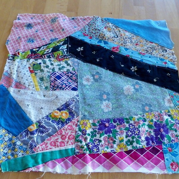 Vintage 1950's Cotton CRAZY QUILT SQUARE 15 and 1/2" Square for Sewing or Crafting Project 1950's Feedsack Cottons and more One of a Kind