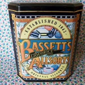 Vintage BASSETT&#39;S ALLSORTS English Liquorice  British Candy Tin Great for Kitchen or Craft Room Storage Collectible Tin Excellent Condition