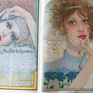 May include: Two vintage magazine illustrations. The first features a woman with green eyes and red lipstick, the text "Love As She Is Spoken". The second shows a woman with red hair and lipstick, with the text "Just Call Me Honey".