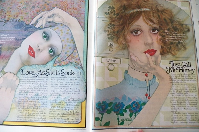 May include: Two vintage magazine illustrations. The first features a woman with green eyes and red lipstick, the text "Love As She Is Spoken". The second shows a woman with red hair and lipstick, with the text "Just Call Me Honey".