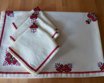 Vintage 1960 WOVEN TABLECLOTH SET w/ 3 napkins Cross stitched Folk Art Design Teacloth is 36" x 24" Napkins 12" sq. Ex. Cond Vibrant Colors