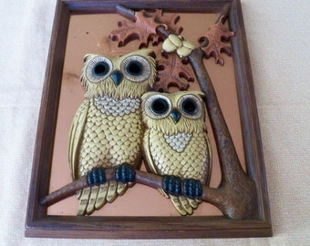 1970&#39;s OWL WALL PLAQUE Framed Art Copper and Plastic 2 Owls on a Branch 1970&#39;s Decor Mid Mod Wall Art 9&quot; x 11&quot; Coppercraft Guild Taunton Ma