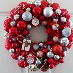 Vintage OOAK CHRISTMAS WREATH Hand Made with a Candy Canes and Red and Silver Motif Mid Century Ornaments Authentic Vintage Embellishments