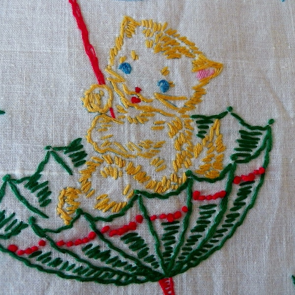 Vintage MIDCENTURY EMBROIDERED RUNNER Linen 11.5" x 34" Kitten in an Umbrella Motif Great Condition 1950's Few light stains to be soaked