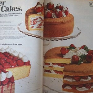 May include: An advertisement for Summer Dream Cakes featuring several cakes with strawberries and whipped cream. The text "Summer Dream Cakes" is at the top, with additional text describing the recipe and ingredients.