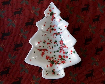Mid Century Hand Painted Christmas Tree Candy Dish, Ceramic Trinket Dish