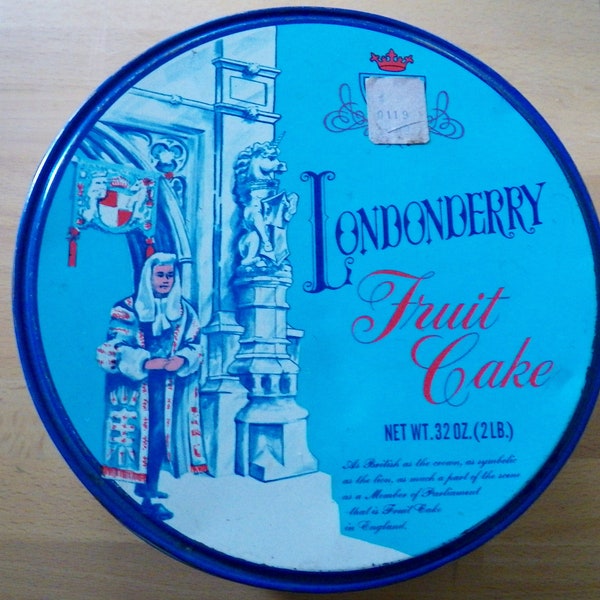 Vintage LONDONDERRY FRUITCAKE TIN 7" diameter 3" tall European Graphics Great Condition Terrific Storage Tin or Decorative Tin for Display