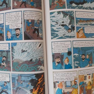 May include: A comic book page featuring multiple panels with illustrations of Tintin and Captain Haddock on a ship. The scenes depict characters in blue shirts reacting to a fire, using a fire hose, and navigating rough seas with speech bubbles.