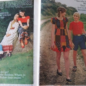 May include: A vintage fashion magazine spread featuring young people in 1970s attire. One image shows a group with a guitar, while another depicts two people walking on a path. The text includes "Fashion's New Young Sound" and quotes.