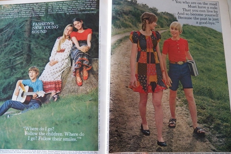 May include: A vintage fashion magazine spread featuring young people in 1970s attire. One image shows a group with a guitar, while another depicts two people walking on a path. The text includes "Fashion's New Young Sound" and quotes.