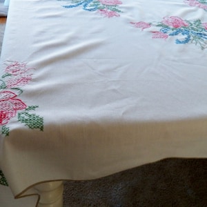 Vintage UNUSED Mid Century Cotton Embroidered Tablecloth 46&quot; x 50&quot; Cross Stitched Floral Motif Excellent Condition 1960&#39;s Decor