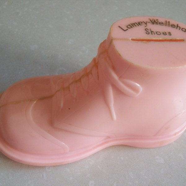 Vintage MidCentury Plastic Pink Baby Bootie Bank from Lamey Wellehan Shoes in Maine