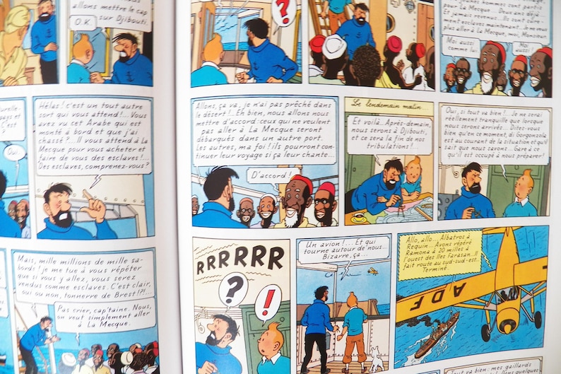 May include: A comic book page featuring multiple panels with illustrations of Tintin and Captain Haddock. The scenes depict characters on a ship, dialogue bubbles with French text, and a yellow airplane flying over a boat in the ocean.
