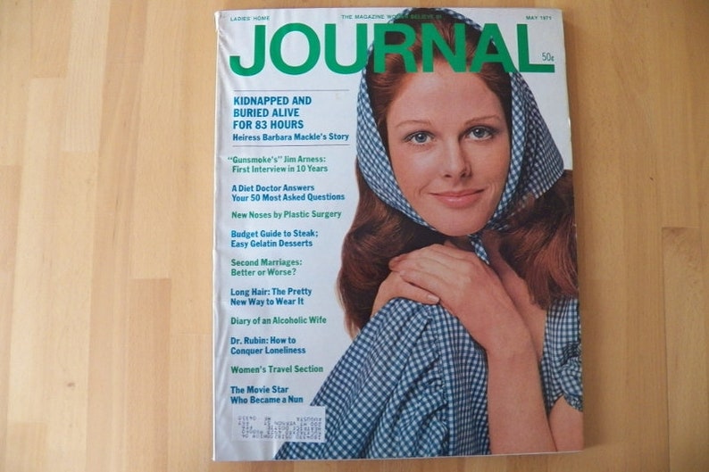 May include: A vintage May 1971 issue of "Journal" magazine. The cover features a woman with auburn hair wearing a blue and white checkered scarf. Headlines include "Kidnapped and Buried Alive" and "New Noses by Plastic Surgery."