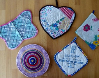 Vintage Set of 5 Hand Made POTHOLDERS/TRIVETS from the 1950's Quilted Patchwork and Crocheted Instant Collection for your Vintage Kitchen
