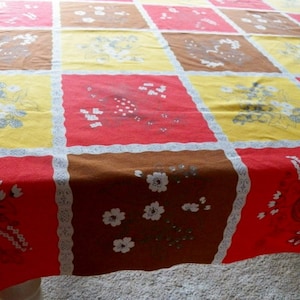 Vintage 1960s Cotton Tablecloth: Retro Fruits & Flowers, 82&quot; x 50&quot;