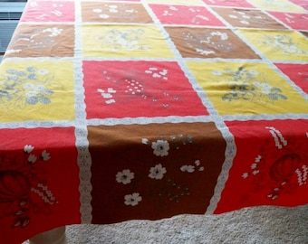 Vintage Mid Century 1960&#39;s Cotton Tablecloth Vibrant Colors Generous 82&quot; x 50&quot; Excellent Condition Fruits & Flowers Pattern  Retro Decor