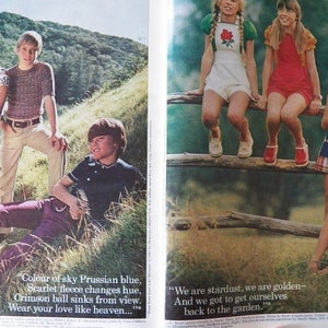 May include: A vintage fashion spread featuring several young people in 1970s attire. The image includes a woman in a floral dress, a man in a purple shirt and pants, and others in casual outfits. The scene is set outdoors with text overlay.