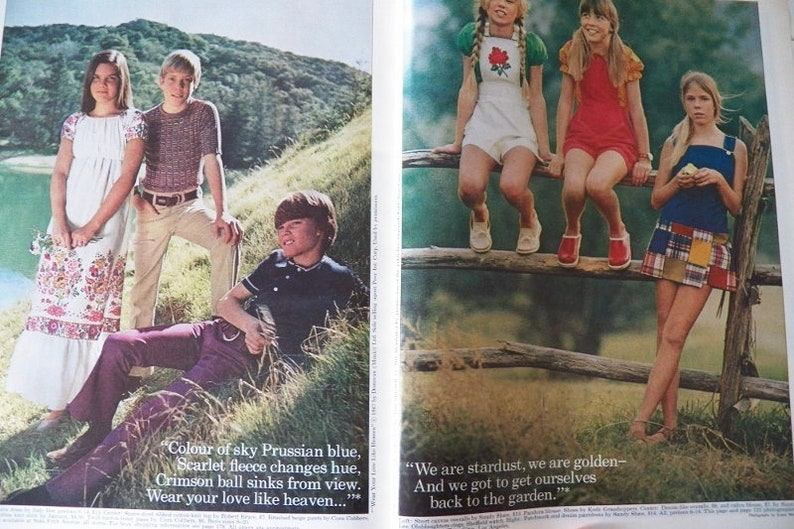 May include: A vintage fashion spread featuring several young people in 1970s attire. The image includes a woman in a floral dress, a man in a purple shirt and pants, and others in casual outfits. The scene is set outdoors with text overlay.