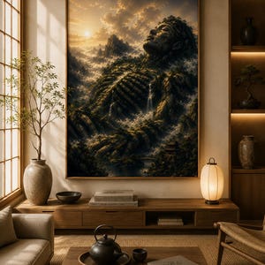 Peut inclure: Une grande impression d'art mural rectangulaire représentant un paysage montagneux en forme de silhouette humaine allongée, avec un ciel au coucher du soleil, des cascades et une végétation luxuriante. L'œuvre est encadrée de bois.