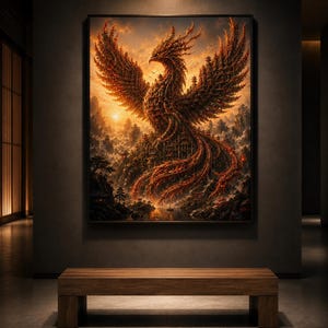 Peut inclure: Une impression d'art mural rectangulaire représentant un grand phénix enflammé composé de structures architecturales et de pagodes complexes. L'oiseau s'élève au-dessus d'un paysage montagneux brumeux au coucher du soleil, aux tons orange, rouge et or.