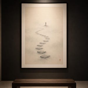 Peut inclure: Une impression d'art encadrée représentant une peinture à l'encre monochrome d'un chemin de pierre sinueux traversant un paysage brumeux vers une petite lanterne en pierre au loin, avec un sceau rouge dans le coin inférieur droit.
